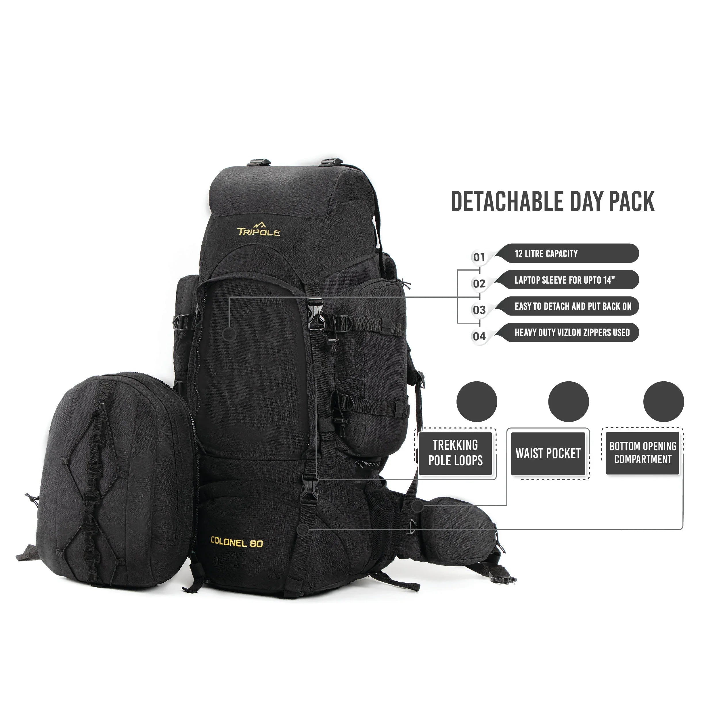 Tripole Colonel Metal Frame Rucksack with Detachable Bag & Rain Cover for Trekking & Travelling | Men & Women | 3 Year Warranty | Black | 80 Litre