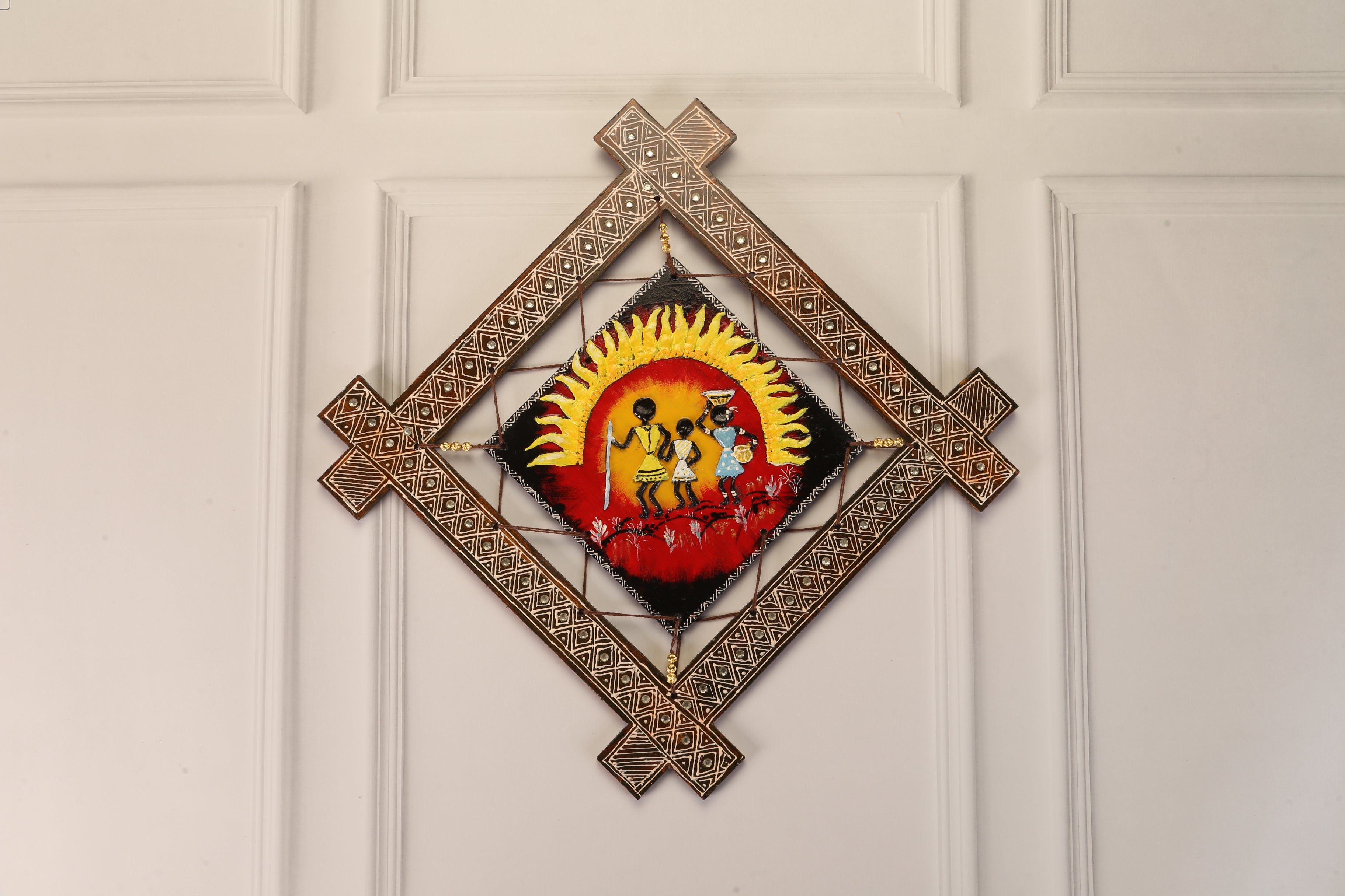 Diamond shape MDF wooden 3D  wall hanging -Tribal family