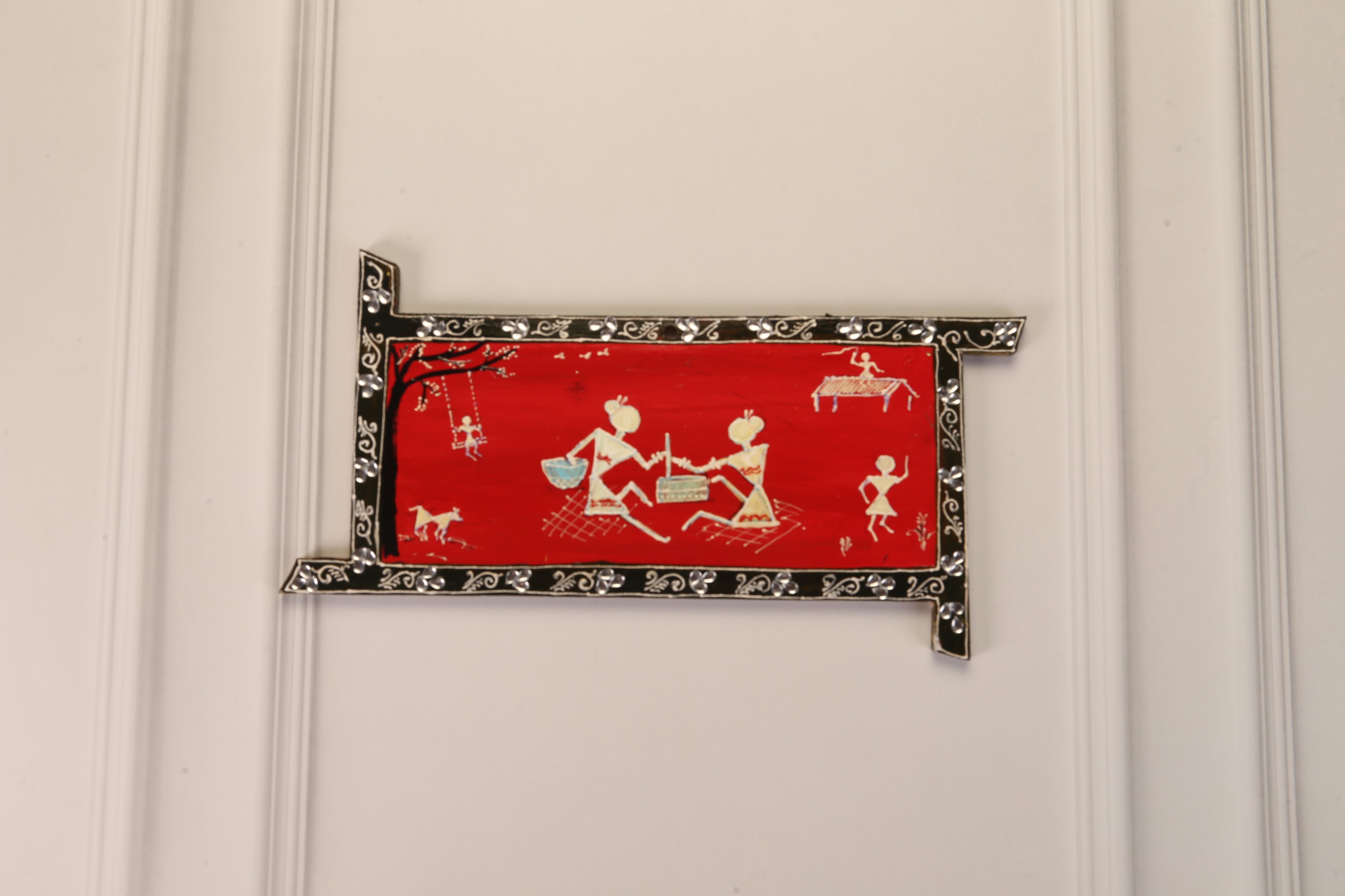 Rectangular MDF wooden warli wall hanging -Village life