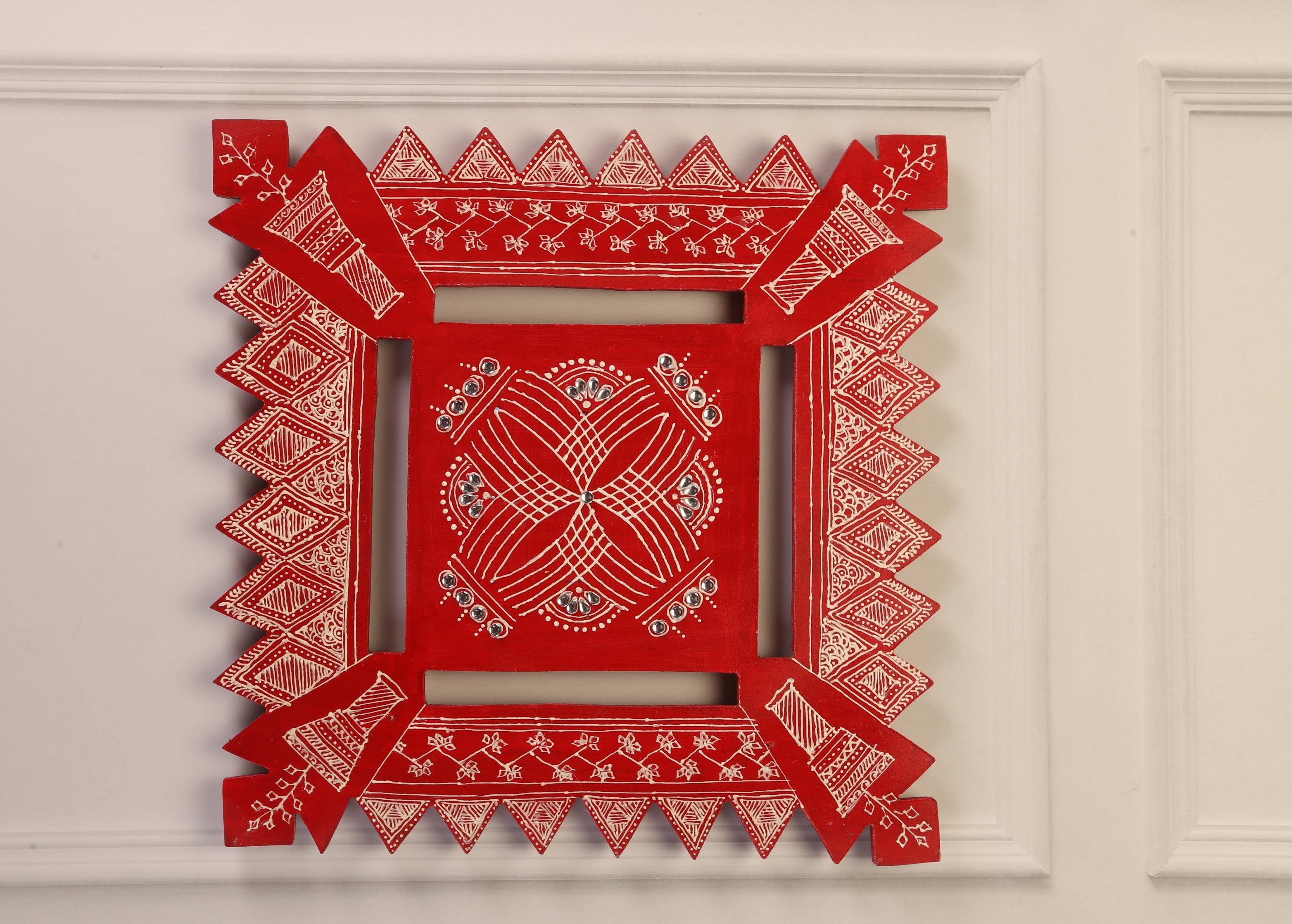 Square MDF wood floor rangoli with Tulsi vrindavan at corners